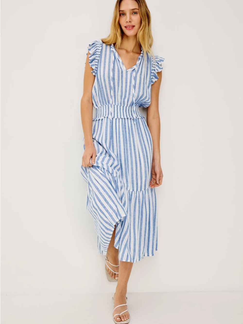 Rails Blue & White Striped Ruffle-Sleeve Midi Dress